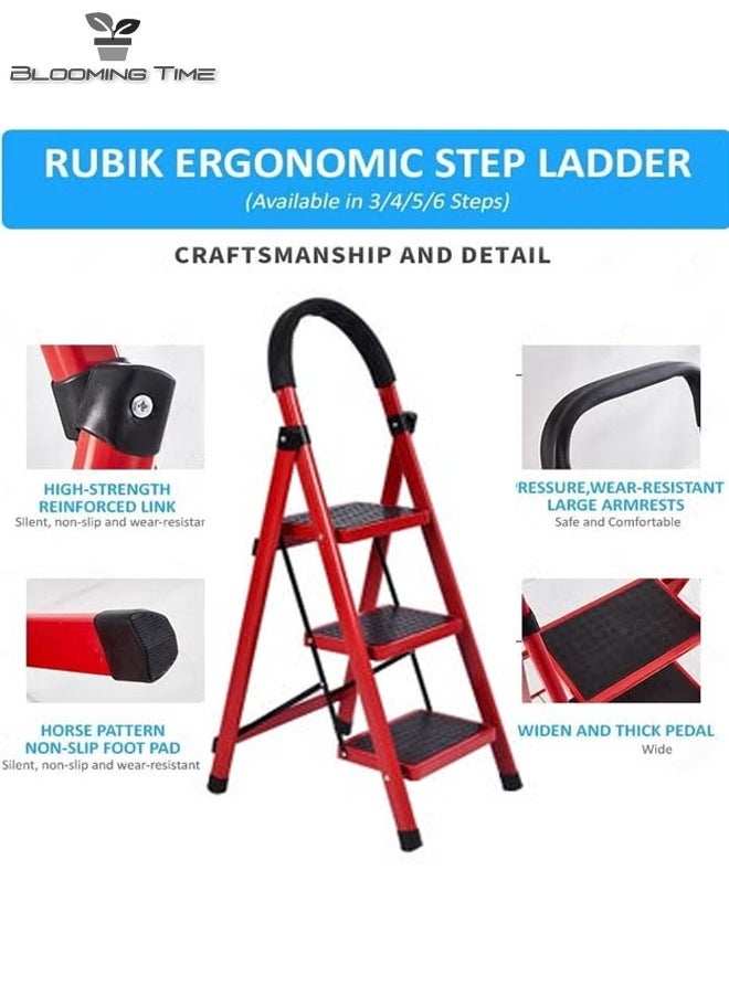 3-Layer Folding Step Ladder, Non-Slip Handle, Foldable, Black And Red