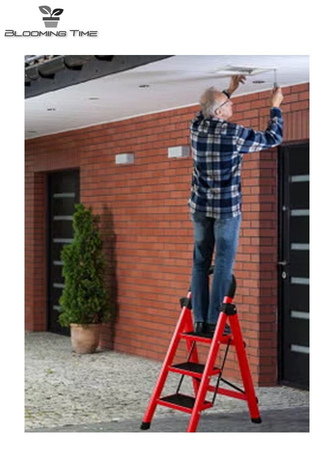 3-Layer Folding Step Ladder, Non-Slip Handle, Foldable, Black And Red