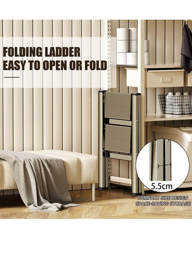 2 Steps Ladder Aluminum Folding Step Stool With Anti Slip Sturdy And Wide Pedal Light weight Portable Multi Use Stepladder For Home And Kitchen Use Space Saving