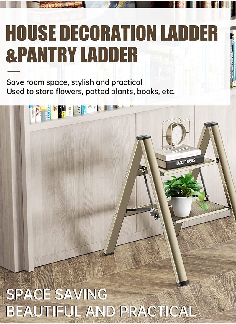 2 Steps Ladder Aluminum Folding Step Stool With Anti Slip Sturdy And Wide Pedal Light weight Portable Multi Use Stepladder For Home And Kitchen Use Space Saving