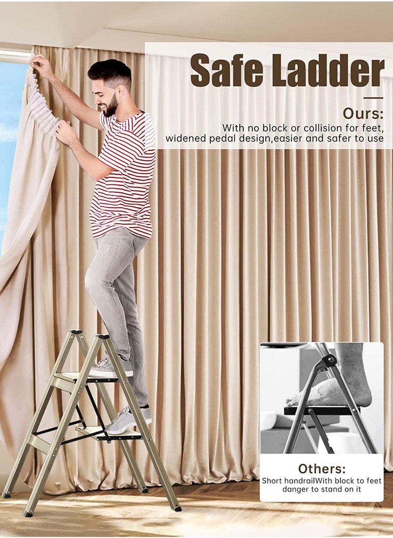 2 Steps Ladder Aluminum Folding Step Stool With Anti Slip Sturdy And Wide Pedal Light weight Portable Multi Use Stepladder For Home And Kitchen Use Space Saving