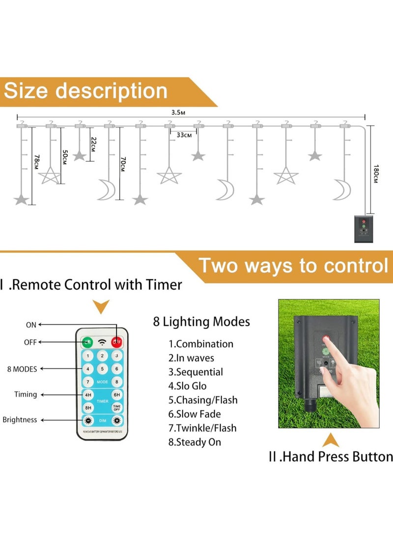 Garden Decorative Lamps,3.5M Ramadan Decorations for Home,Star Moon Solar Starry String Curtain Ramadan Lights, Outdoor Waterproof 8 Modes Ramadan Lights for Garden Decoration (Battery Powered)