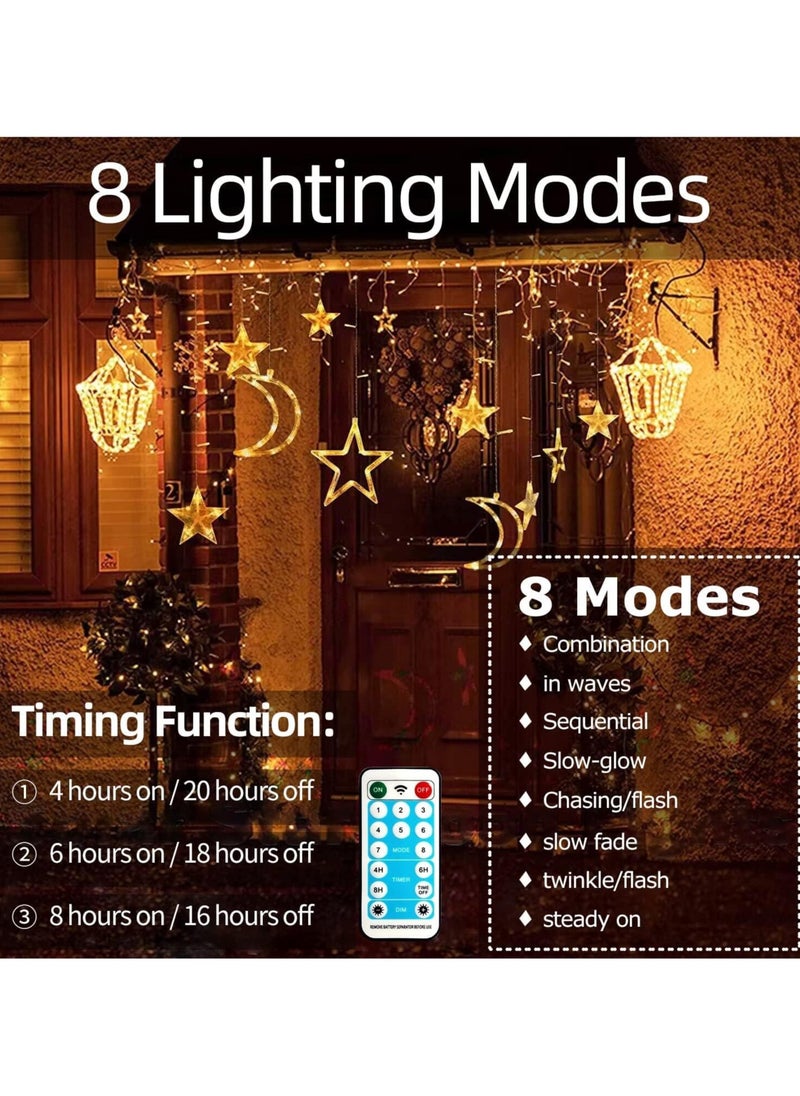 Garden Decorative Lamps,3.5M Ramadan Decorations for Home,Star Moon Solar Starry String Curtain Ramadan Lights, Outdoor Waterproof 8 Modes Ramadan Lights for Garden Decoration (Battery Powered)