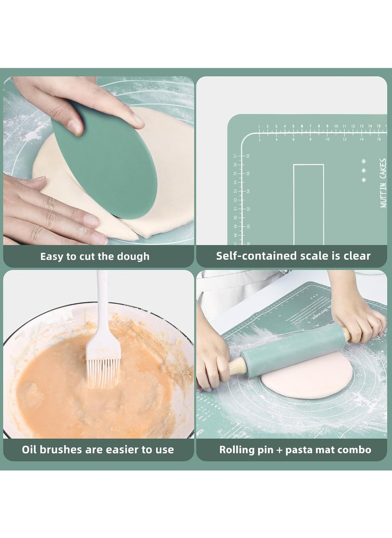 Silicone Baking Mats Set & Rolling Pin with Pastry Brushes and Dough Scraper,Non Stick Silicone Rolling pin with Wooden Handle and Baking mats Non Stick Silicone,Pastry mat Set of 4