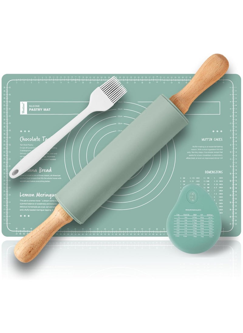 Silicone Baking Mats Set & Rolling Pin with Pastry Brushes and Dough Scraper,Non Stick Silicone Rolling pin with Wooden Handle and Baking mats Non Stick Silicone,Pastry mat Set of 4