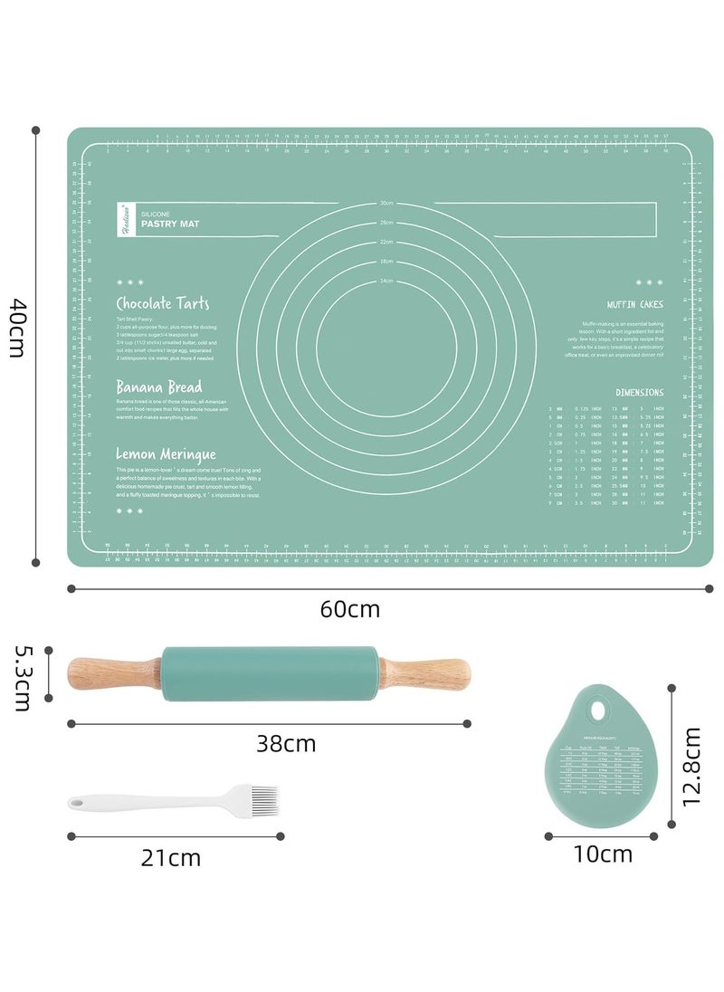 Silicone Baking Mats Set & Rolling Pin with Pastry Brushes and Dough Scraper,Non Stick Silicone Rolling pin with Wooden Handle and Baking mats Non Stick Silicone,Pastry mat Set of 4