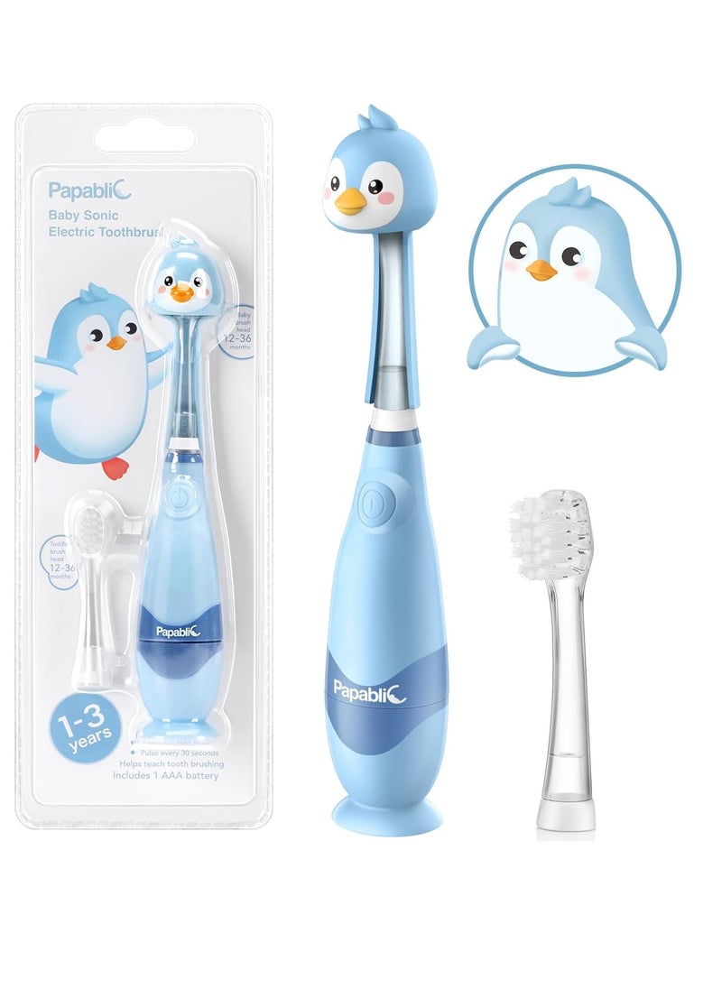 Papablic Toddler Sonic Electric Toothbrush for Ages 1-3 Years, Baby Electric Toothbrush with Cute Penguin Cover and Smart LED Timer, 2 Brush Heads (Pippin)