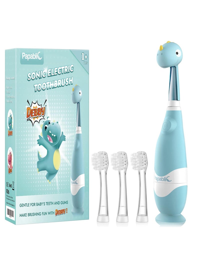 Papablic Toddler Sonic Electric Toothbrush for Ages 1-3 Years, Baby Electric Toothbrush with Cute Dino Cover and Smart LED Timer, 4 Brush Heads (Debby)