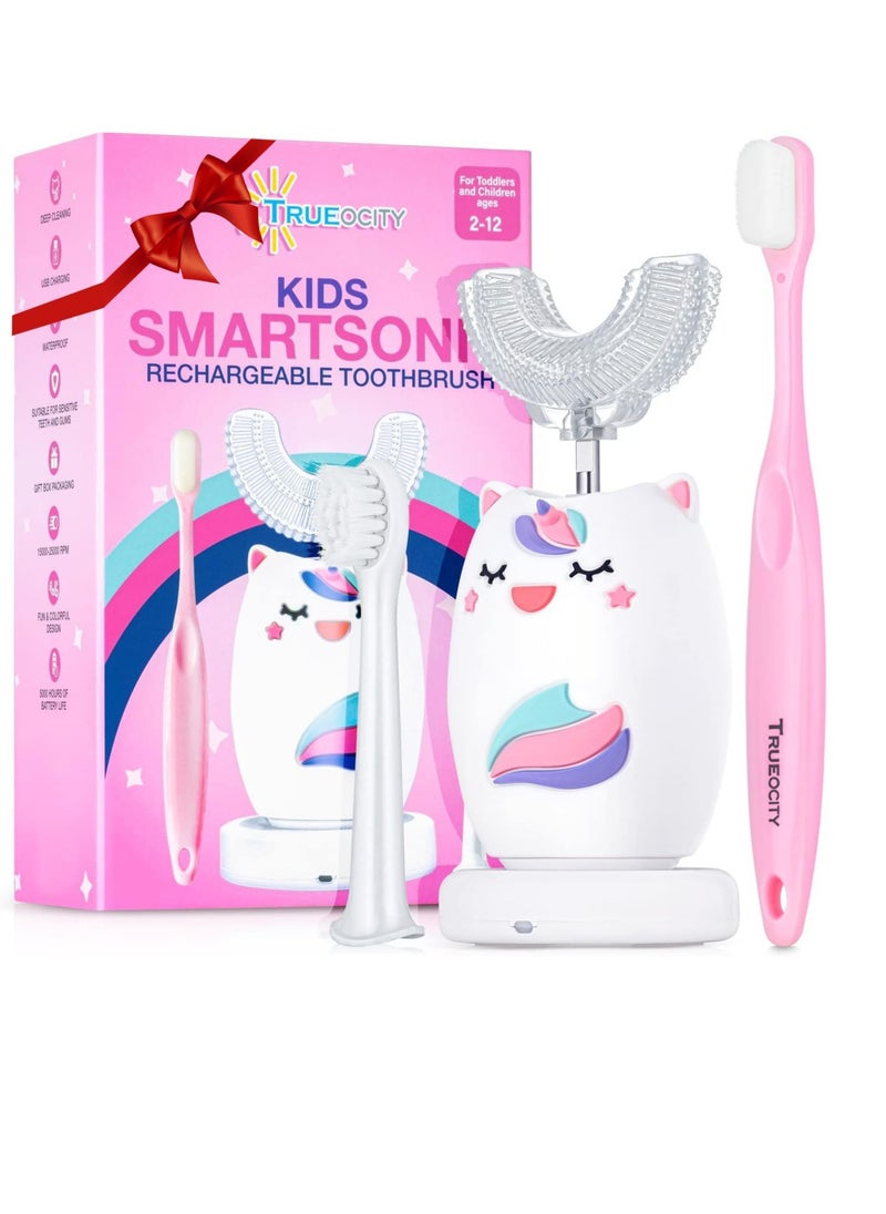 Trueocity Kids Toothbrushes U Shape, Kids Automatic Toothbrush, Toddler Toothbrush U Shaped, U Toothbrush Kids, Auto Toothbrush, Rechargeable Electric Brush Age 2+, Children's Toothbrush (Unicorn)