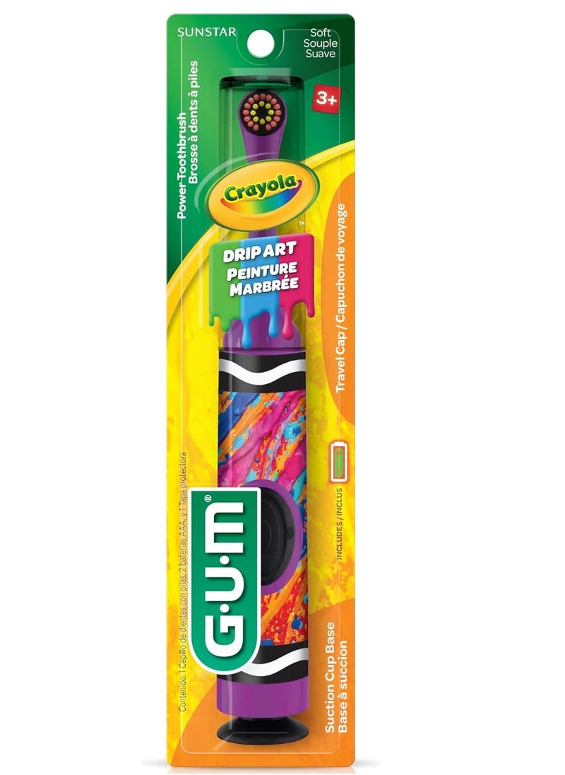 GUM Crayola Power Toothbrush for Kids, Extra Soft Bristled Toddler Toothbrushes, Travel Cap + Suction Cup Base, Batteries Included, 1ct