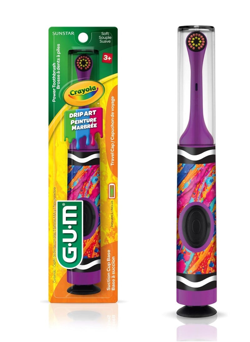 GUM Crayola Power Toothbrush for Kids, Extra Soft Bristled Toddler Toothbrushes, Travel Cap + Suction Cup Base, Batteries Included, 1ct