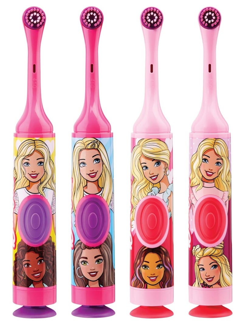 GUM Barbie Kids Battery Power Electric Toothbrush with Suction Cup Base for Home or Travel Oral Health and Dental Plaque Removal, Ages 3+, 1ct(4Pk)