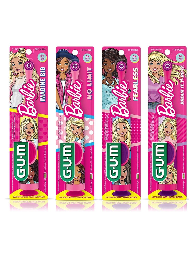 GUM Barbie Kids Battery Power Electric Toothbrush with Suction Cup Base for Home or Travel Oral Health and Dental Plaque Removal, Ages 3+, 1ct(4Pk)