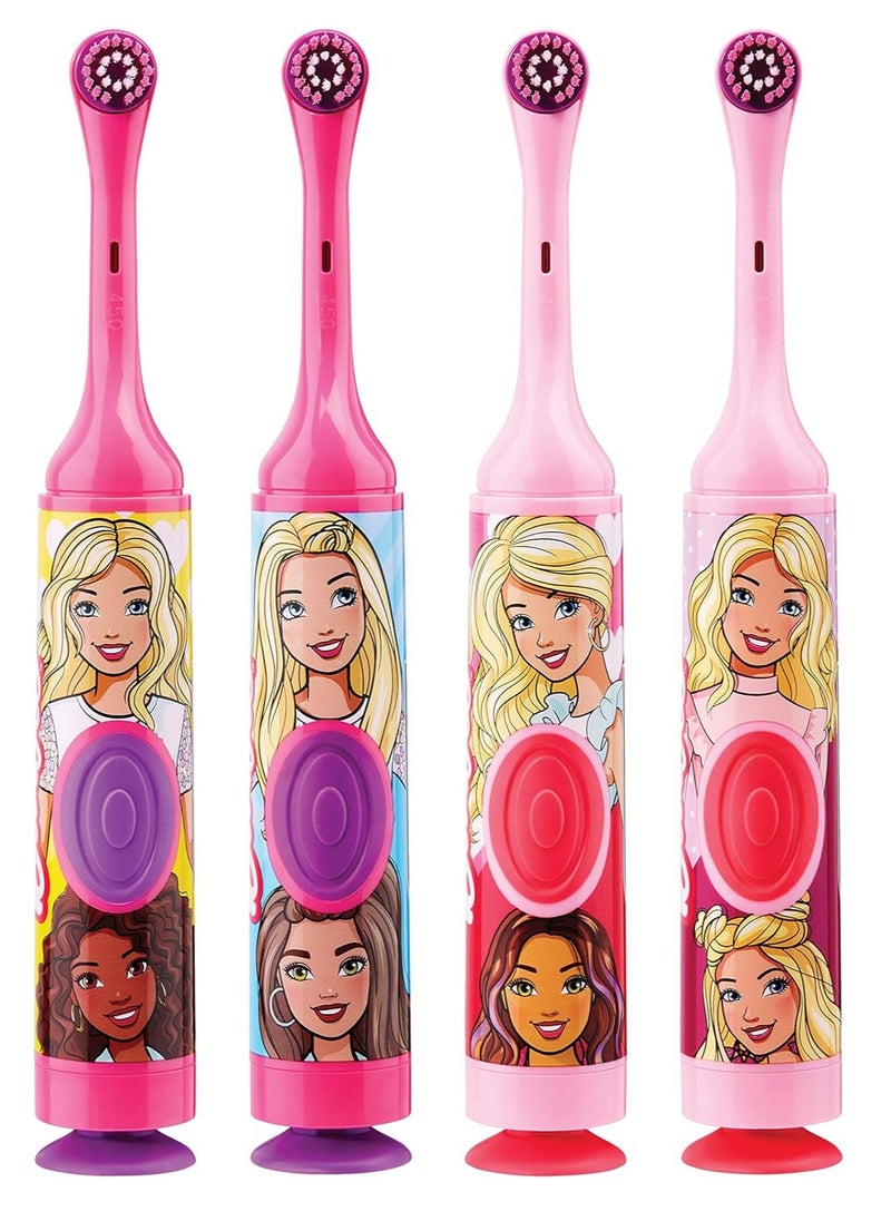 GUM Barbie Kids Battery Power Electric Toothbrush with Suction Cup Base for Home or Travel Oral Health and Dental Plaque Removal, Ages 3+, 1ct(4Pk)