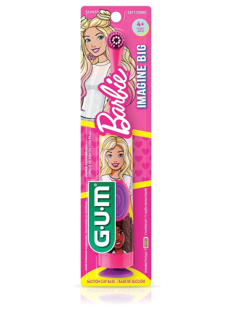 GUM Barbie Kids Battery Power Electric Toothbrush with Suction Cup Base for Home or Travel Oral Health and Dental Plaque Removal, Ages 3+, 1ct(4Pk)