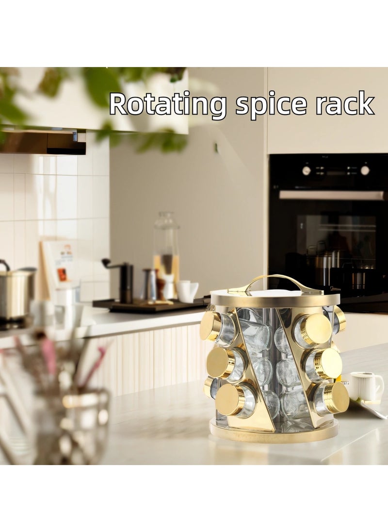 Gold Spice Rack, Rotating Spice and Seasoning Rack for Countertop with 12 Jars, Gold Stainless Steel Revolving Storage Organizer for Spices and Seasonings