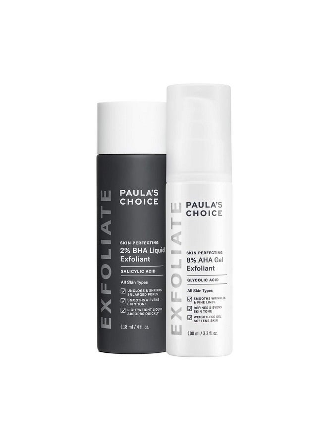 Skin Perfecting 8% Aha Gel Exfoliant & 2% Bha Liquid Duo - Facial Exfoliants For Blackheads, Enlarged Pores, Wrinkles, And Fine Lines W/Glycolic And Salicylic Acid