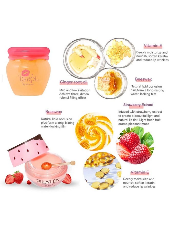 Lip Plumper Lip Mask Set, Lip Plumper Gloss Lip Injection, Strawberry Propolis Moisturizing Lip Sleeping Mask, Hydrating & Prevention Dry And Ed Lip Scrubs Exfoliator (Ginger And Strawberry)