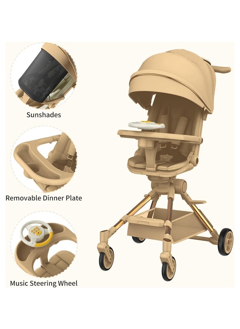 Baby Stroller, Convertible Travel Strollers, Two-Way Foldable Cabin Stroller with 5-Point Harness & SunShade, Extra Storage - Child Tray with Musical Wheel