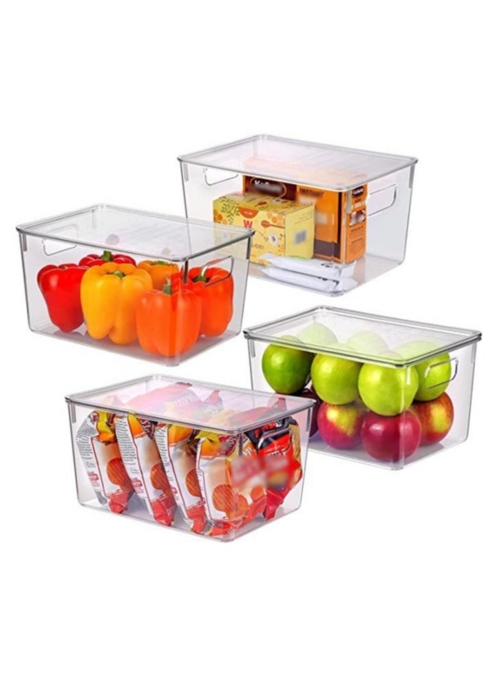 4pcs Clear Organizers and Storage Bins with Lids, Stackable Plastic Storage Containers with Handles for Fridge, Freezer, Pantry, Cabinet, Kitchen Organization and Storage