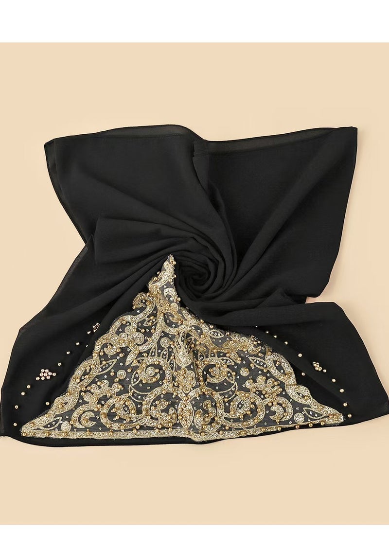 Embroidered Fashion Chiffon Hijab - Black