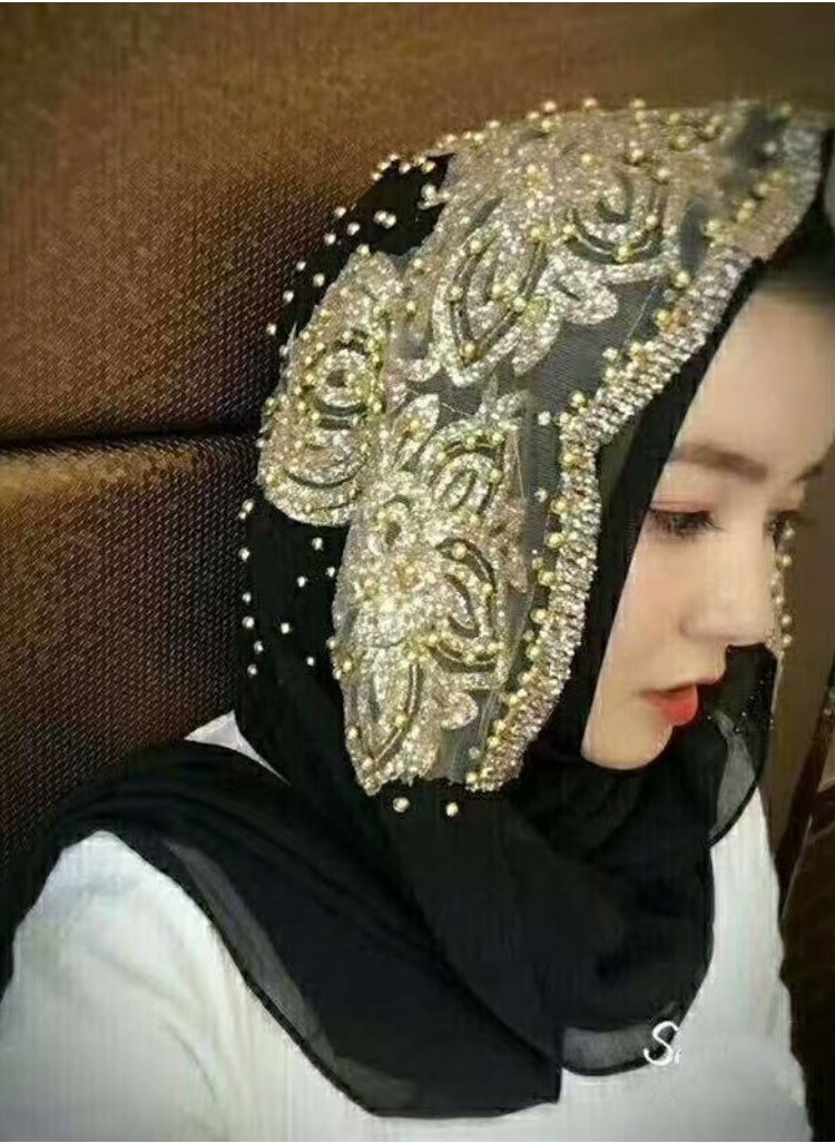 Embroidered Fashion Chiffon Hijab - Black