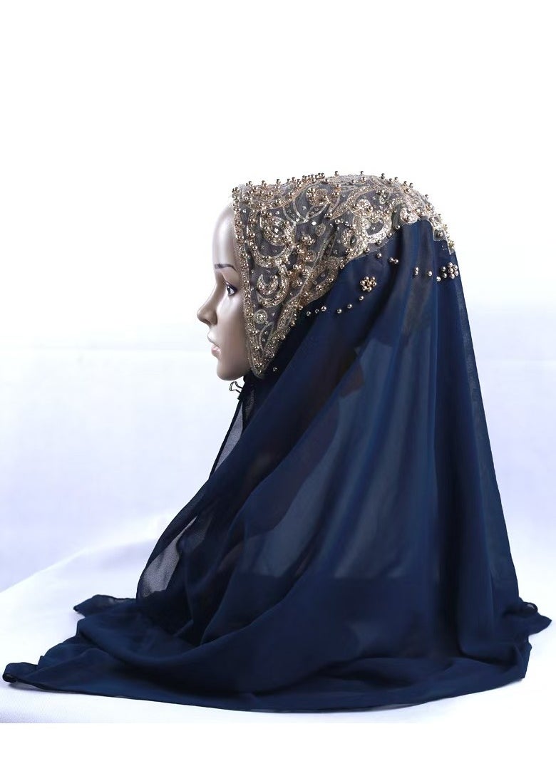 Embroidered Fashion Chiffon Hijab - Blue