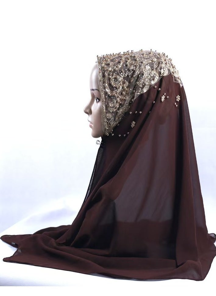 Embroidered Fashion Chiffon Hijab - Brown