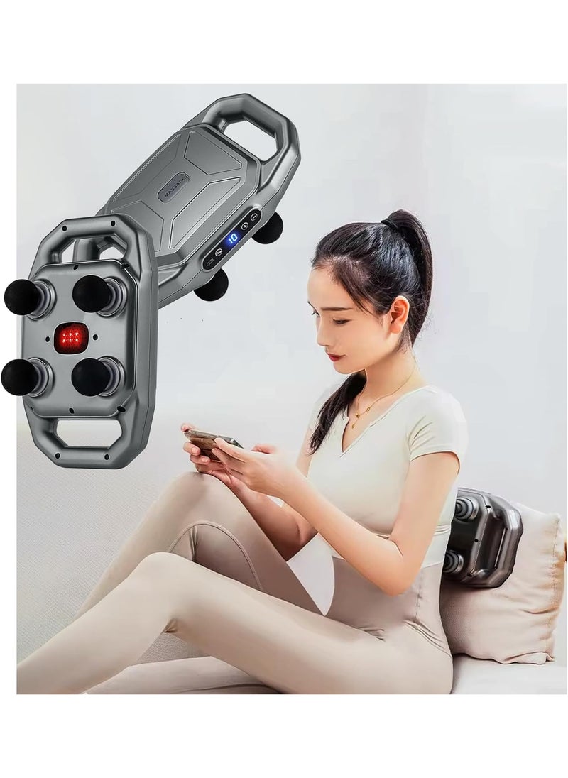 Four Head Electric Fascia Gun Massager With Vibration Red Light Therapy Deep Tissue Body Relaxation Muscle Pain Relief Blood Circulation for Back Waist Leg Thighs Neck Calf Arms Foot Shoulder