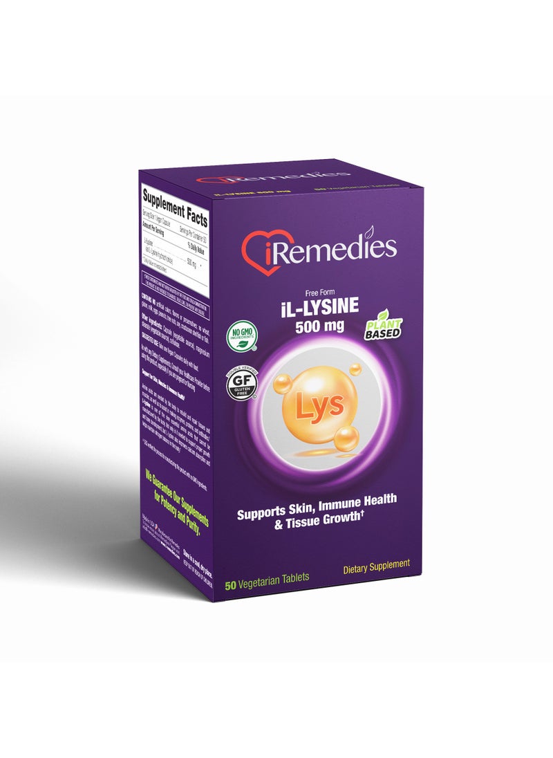 iRemedies iL-Lysine 500mg - Essential Amino Acid for Immune Health, Skin, and Collagen Support - 50 Capsules