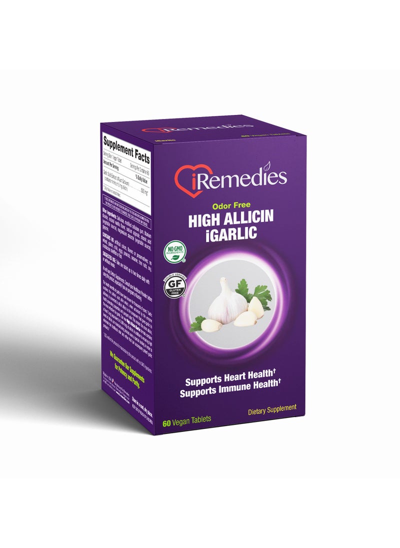 iRemedies iGarlic High Allicin - High-Potency Garlic Supplement for Heart, Immunity, and Cholesterol Support - 60 Tablets