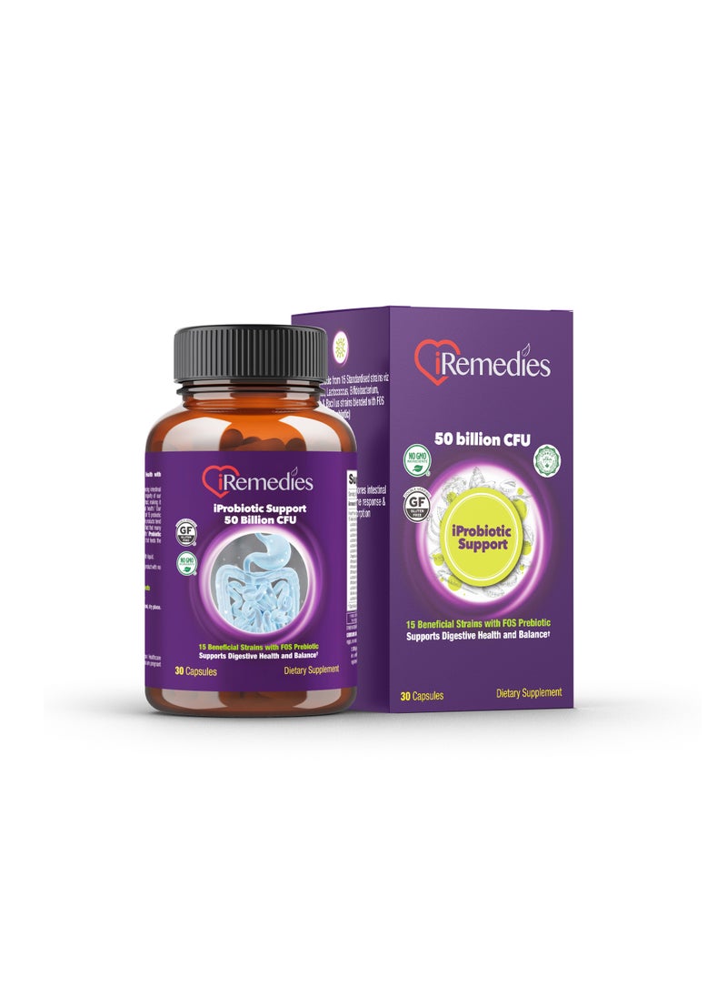 iRemedies iProbiotic Support 50 Billion - High-Potency Probiotic for Gut and Immune Health - 30 Capsules