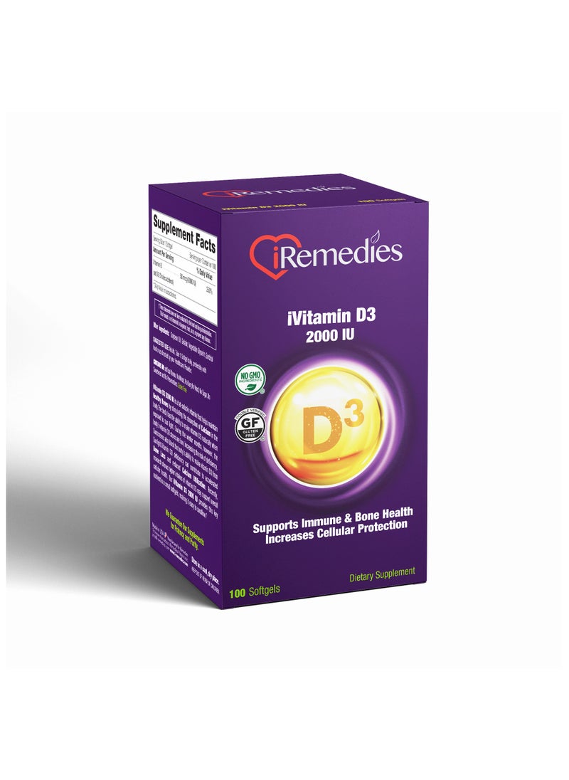 iRemedies iVitamin D3 2000 IU - Daily Vitamin D Supplement for Bone, Immune, and Mood Support - 100 Softgels