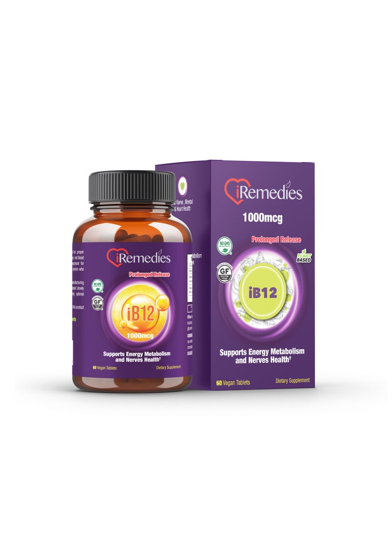 iRemedies iB12 1000mcg PR - Prolonged-Release Vitamin B12 for Energy, Nerve Health, and Red Blood Cell Support - 60 Tablets