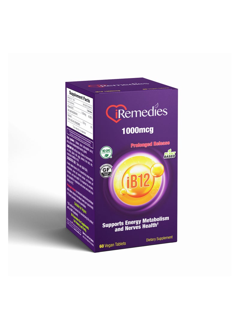 iRemedies iB12 1000mcg PR - Prolonged-Release Vitamin B12 for Energy, Nerve Health, and Red Blood Cell Support - 60 Tablets