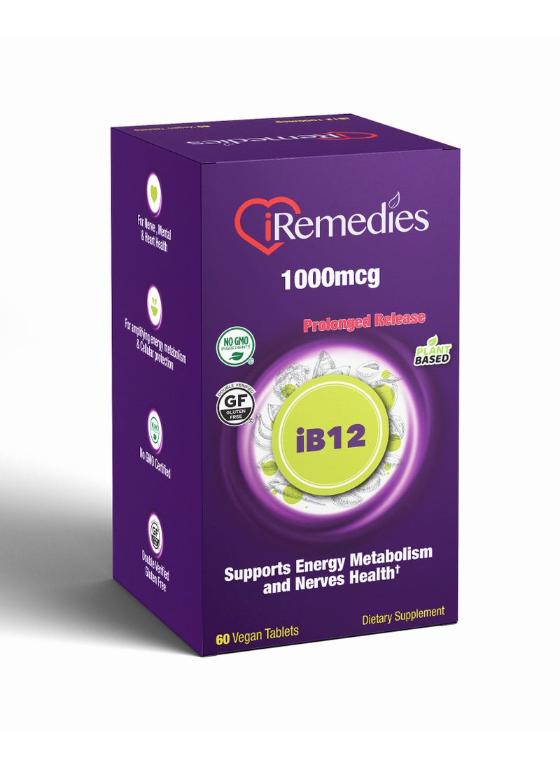 iRemedies iB12 1000mcg PR - Prolonged-Release Vitamin B12 for Energy, Nerve Health, and Red Blood Cell Support - 60 Tablets