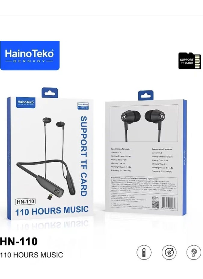 HN110 Bluetooth Neck Band Earphone 110 Hours Music With High Bass Sound Quality Super Clear Mic and Support TF Card_Black