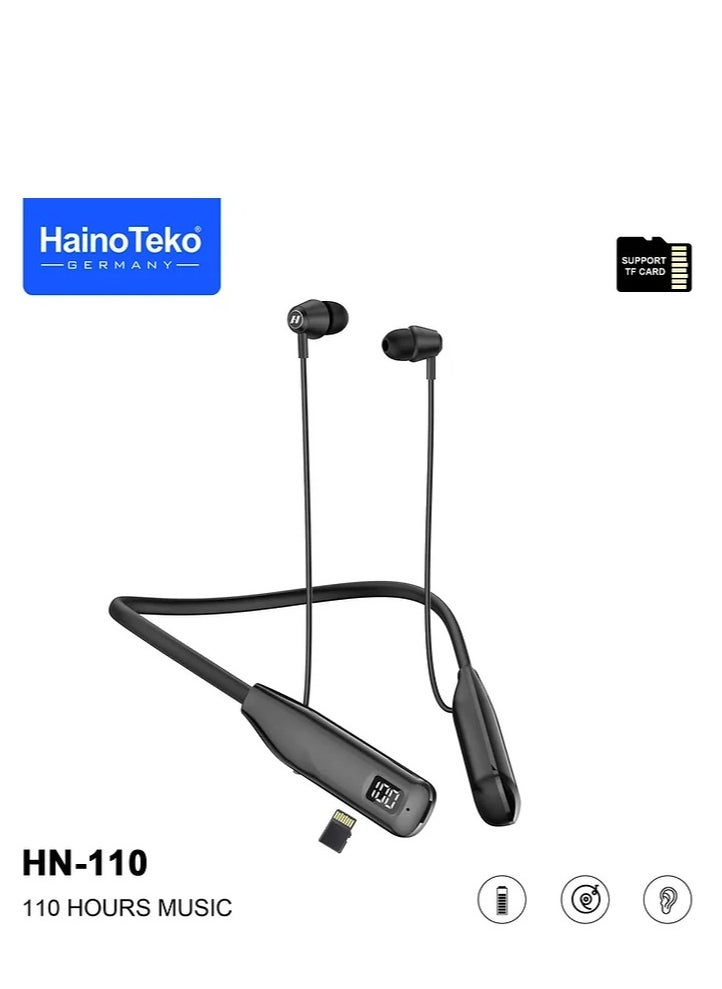 HN110 Bluetooth Neck Band Earphone 110 Hours Music With High Bass Sound Quality Super Clear Mic and Support TF Card_Black