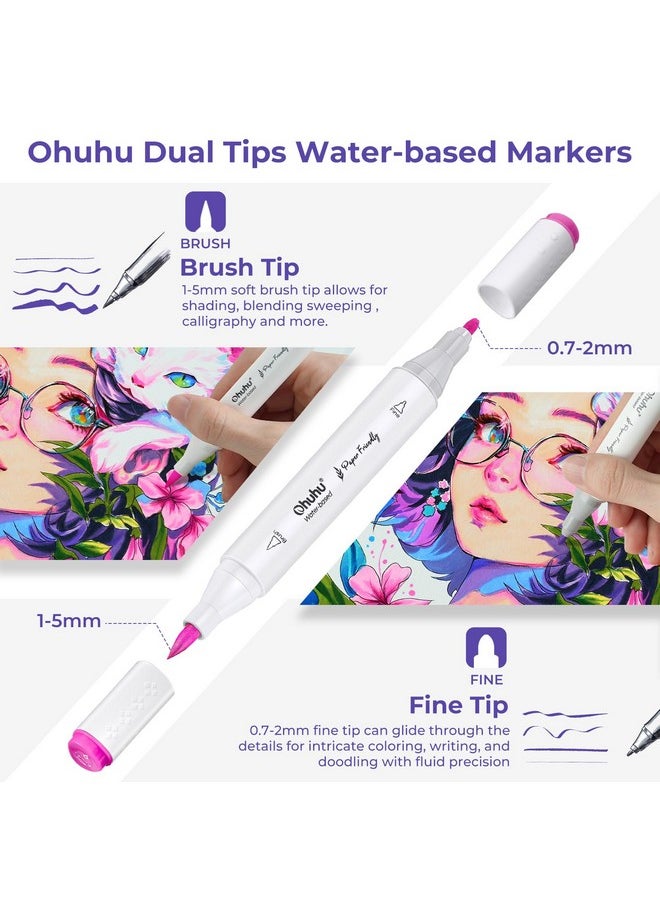 Markers Paper-Friendly No Peeling Water-Based Coloring Markers 60 Colors Dual Brush Fine Tips Markers For Adult Coloring Books No Bleeding Art Markers For Kids Adults Beginner Calligraphy