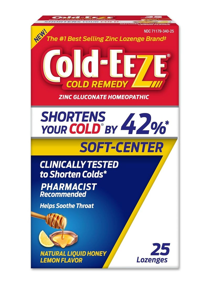 Cold-Eeze Soft-Center Liquid Honey Zinc Lozenges, Homeopathic Cold Remedy, Reduces Duration of The Common Cold, Sore Throat, Cough, Congestion and Post Nasal Drop, 25 Count