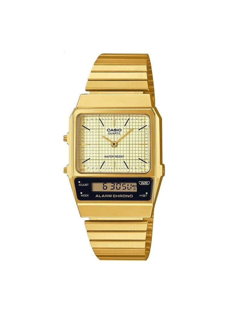 Casio Unisex Watch Vintage Digital Analog Gold Dial Stainless Steel Band AQ-800EG-9ADF, Gold, bracelet