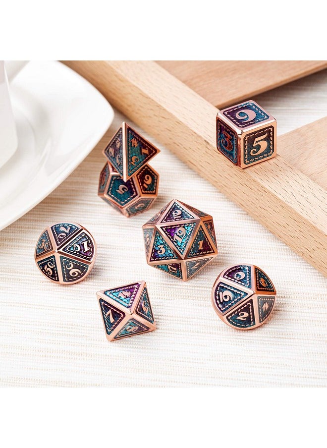 Metal D&D Dice Set,7 Pieces Dragon Scale Metallic D&D Die With Gift Metal Case For Dungeons & Dragon Game (Teal And Purple With Copper Edge)