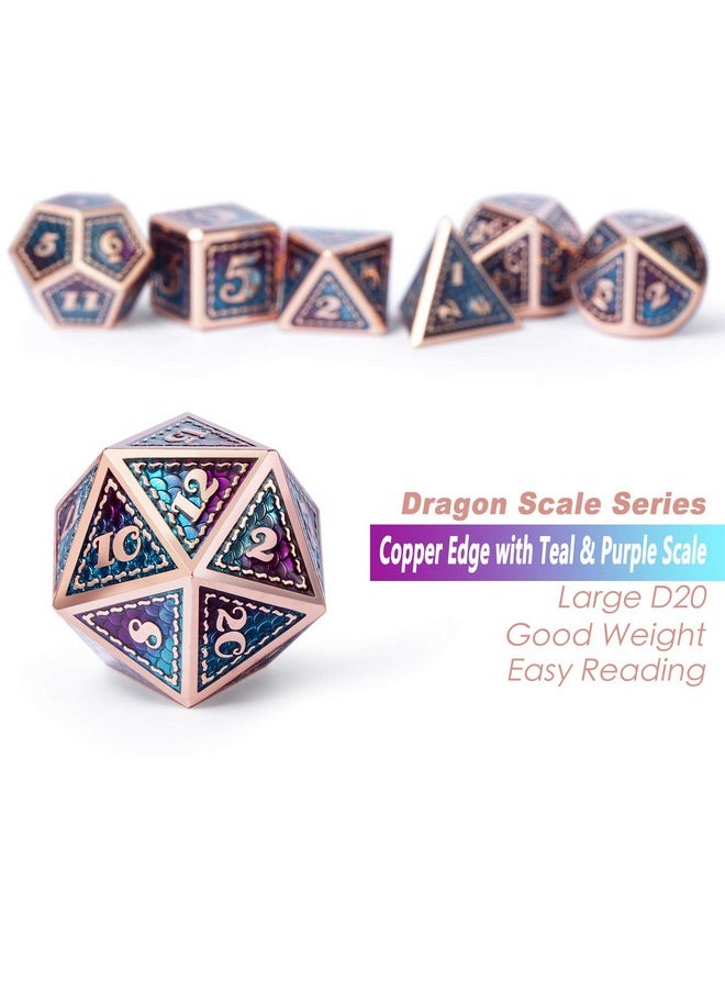 Metal D&D Dice Set,7 Pieces Dragon Scale Metallic D&D Die With Gift Metal Case For Dungeons & Dragon Game (Teal And Purple With Copper Edge)