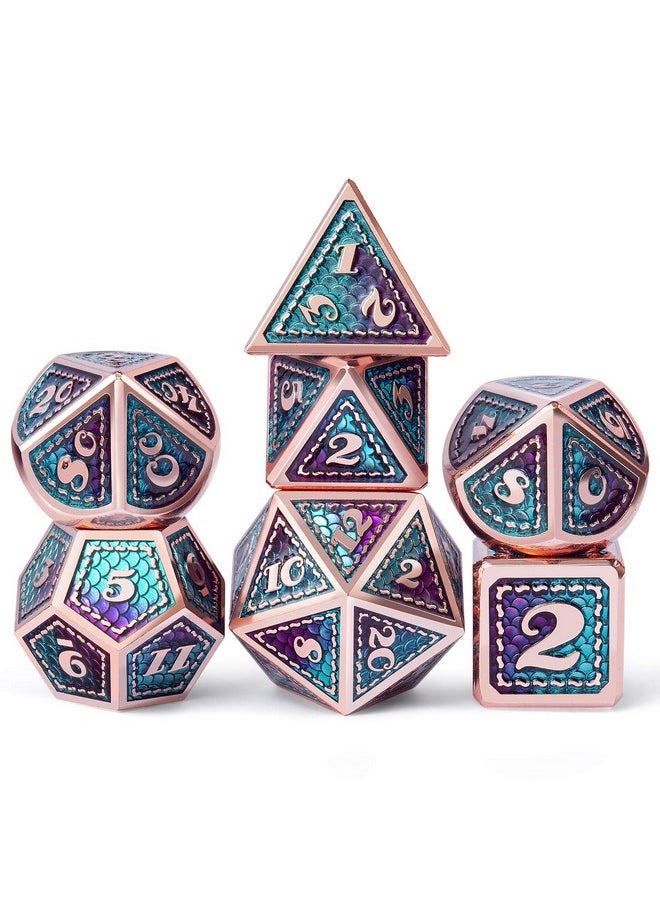 Metal D&D Dice Set,7 Pieces Dragon Scale Metallic D&D Die With Gift Metal Case For Dungeons & Dragon Game (Teal And Purple With Copper Edge)