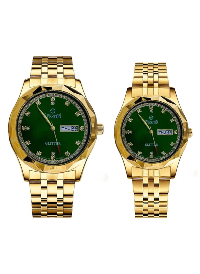 Glitter Analog Quartz Gold Stainless Steel Couple Set Watch SV7520