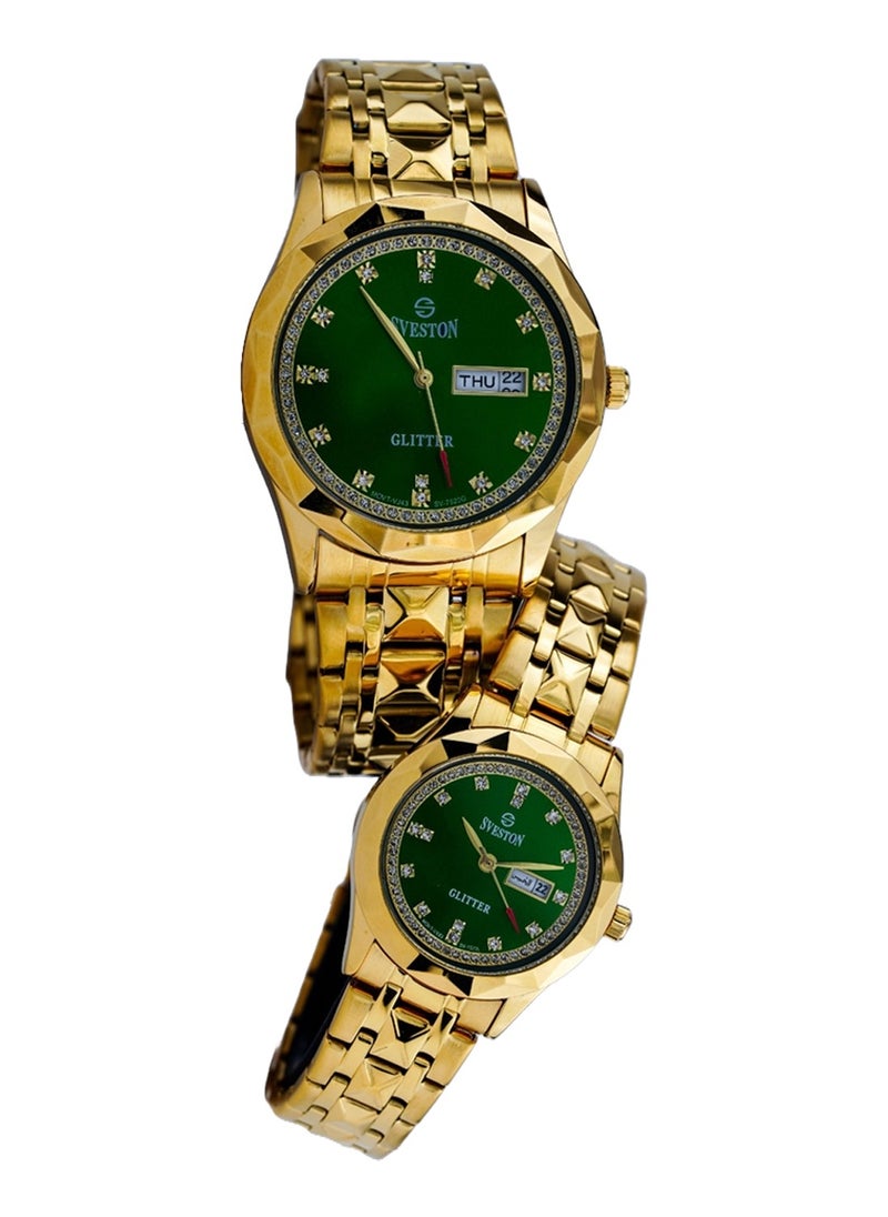 Glitter Analog Quartz Gold Stainless Steel Couple Set Watch SV7520