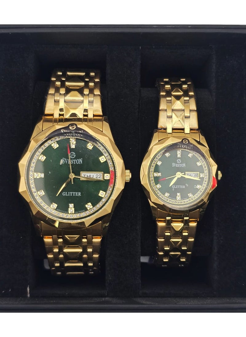 Glitter Analog Quartz Gold Stainless Steel Couple Set Watch SV7520