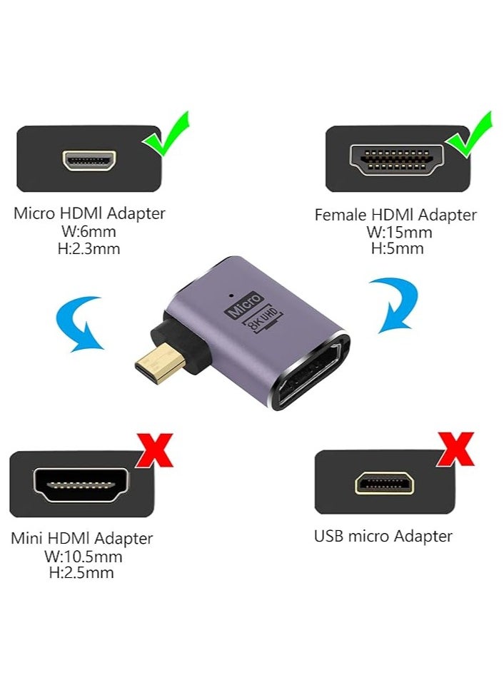 Micro HDMI to HDMI Adapter, 3 Pcs 8K 90 Degree Left and Right Angle, Micro HDMI Male to HDMI Female Cable, for Sony A6000, Raspberry Pi 4, GoPro Hero 7 and Other Sport Camera