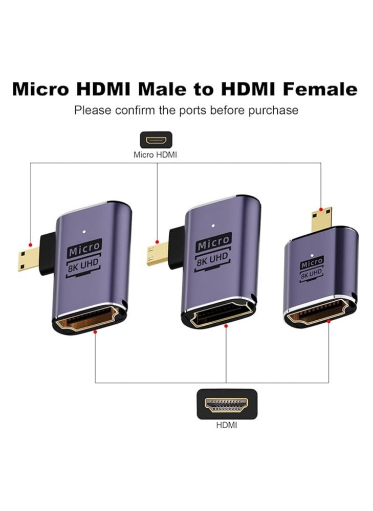 Micro HDMI to HDMI Adapter, 3 Pcs 8K 90 Degree Left and Right Angle, Micro HDMI Male to HDMI Female Cable, for Sony A6000, Raspberry Pi 4, GoPro Hero 7 and Other Sport Camera