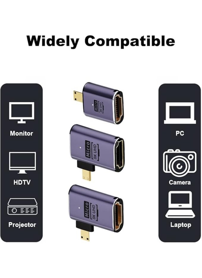 Micro HDMI to HDMI Adapter, 3 Pcs 8K 90 Degree Left and Right Angle, Micro HDMI Male to HDMI Female Cable, for Sony A6000, Raspberry Pi 4, GoPro Hero 7 and Other Sport Camera